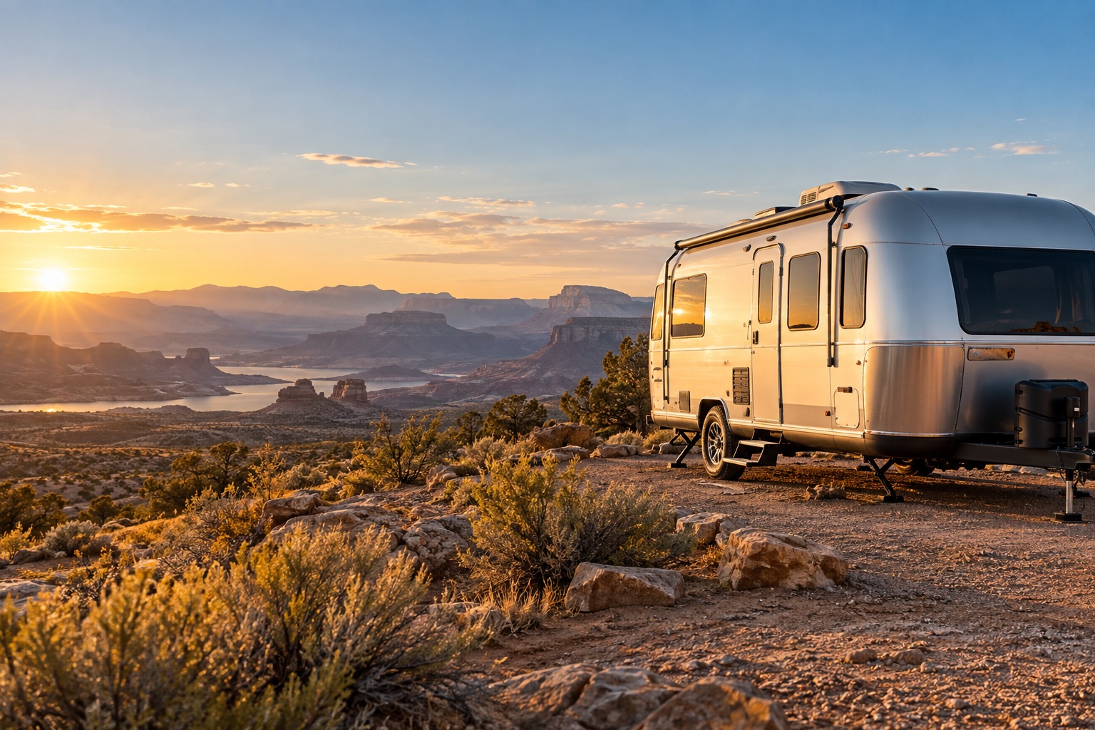 Travel trailer overlooking a mountain desert landscape